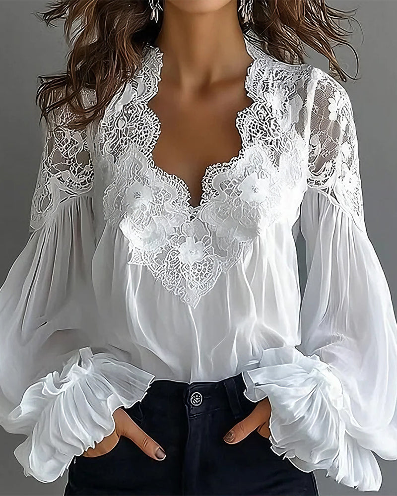 Laceva™  |  Women's Blouse with V-neck and puffed sleeves
