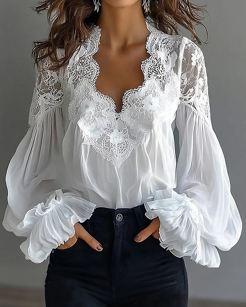 Laceva™  |  Women's Blouse with V-neck and puffed sleeves