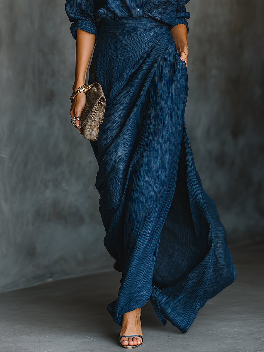 Set di Gonna Lunga e Camicia Elegante in Cotone e Lino di Colore Blu Navy