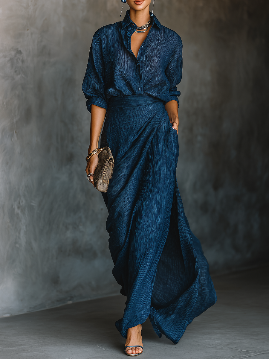 Set di Gonna Lunga e Camicia Elegante in Cotone e Lino di Colore Blu Navy