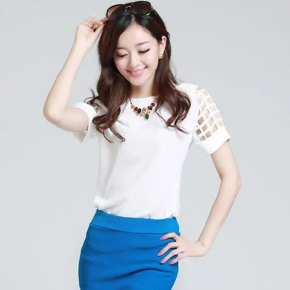Summer Blouse Sexy Women Ladies Hollow Sleeve Slash Neck Loose Solid Shirts Casual Tops