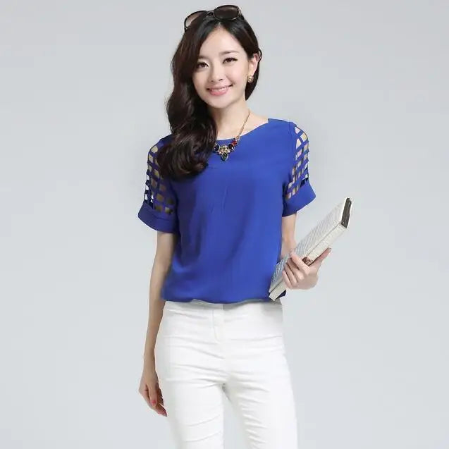 Summer Blouse Sexy Women Ladies Hollow Sleeve Slash Neck Loose Solid Shirts Casual Tops