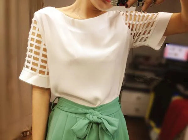 Summer Blouse Sexy Women Ladies Hollow Sleeve Slash Neck Loose Solid Shirts Casual Tops