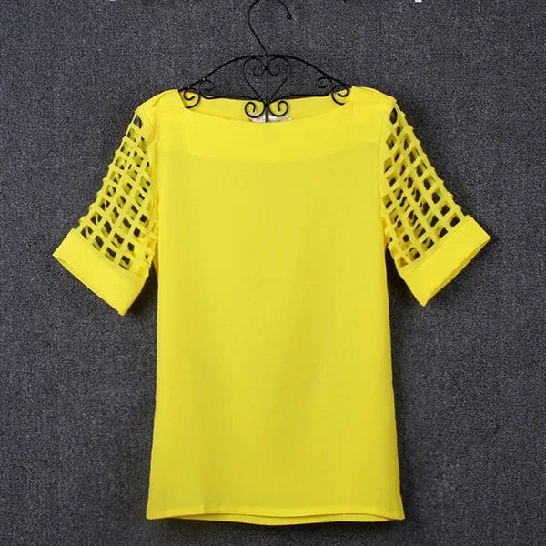 Summer Blouse Sexy Women Ladies Hollow Sleeve Slash Neck Loose Solid Shirts Casual Tops