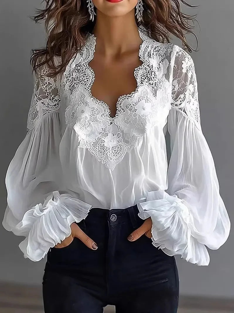 Laceva™  |  Women's Blouse with V-neck and puffed sleeves