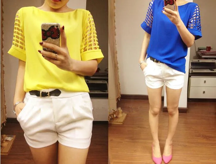 Summer Blouse Sexy Women Ladies Hollow Sleeve Slash Neck Loose Solid Shirts Casual Tops