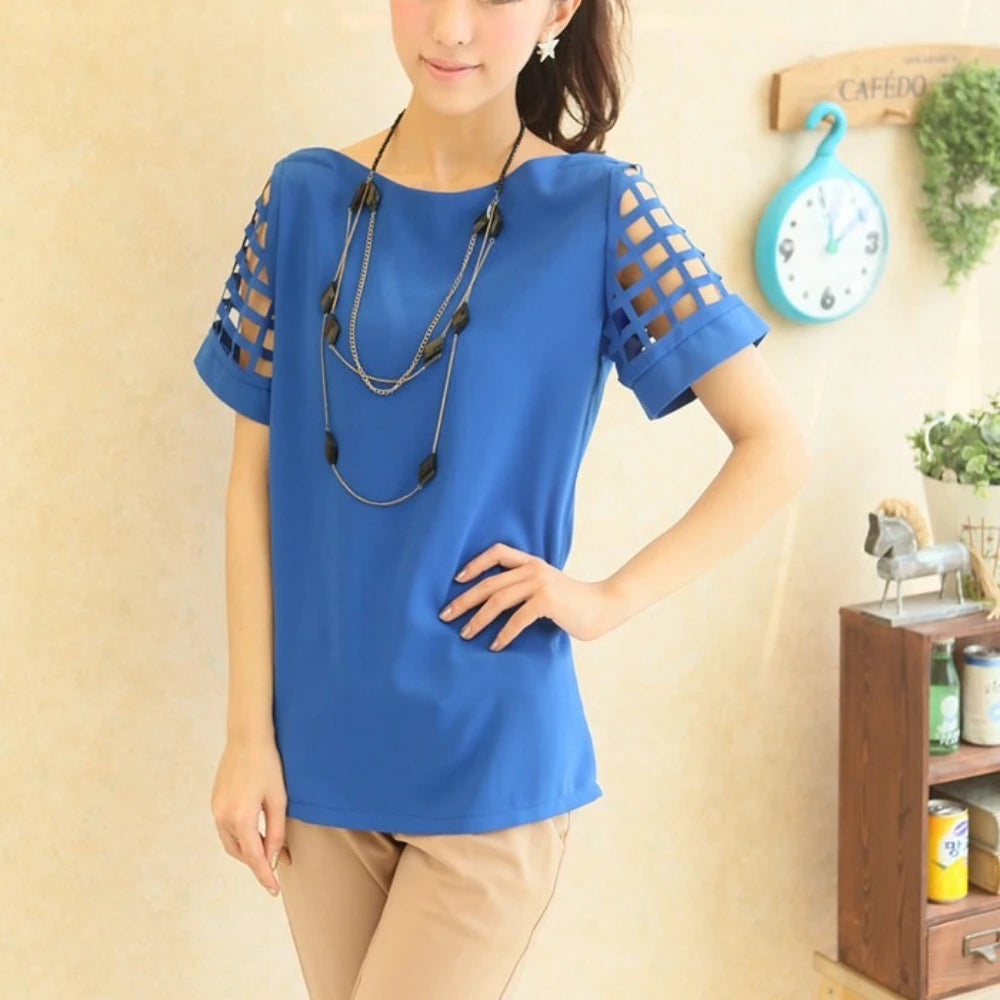 Summer Blouse Sexy Women Ladies Hollow Sleeve Slash Neck Loose Solid Shirts Casual Tops