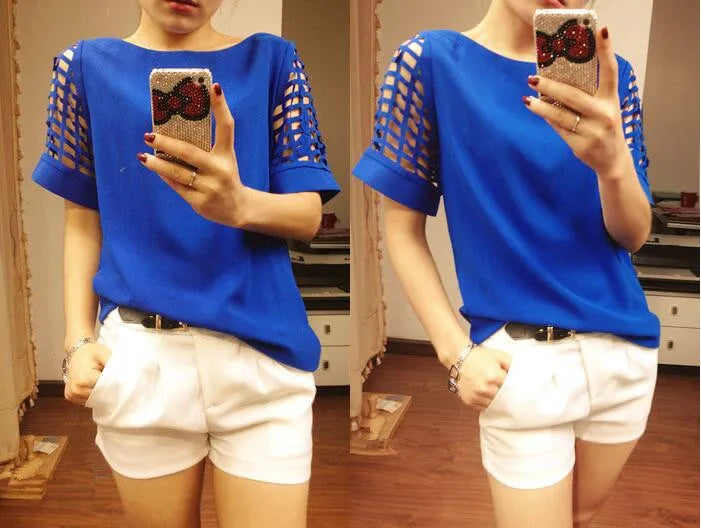Summer Blouse Sexy Women Ladies Hollow Sleeve Slash Neck Loose Solid Shirts Casual Tops