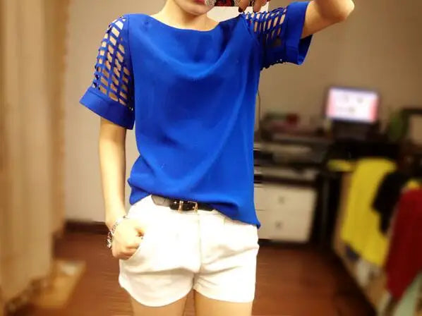 Summer Blouse Sexy Women Ladies Hollow Sleeve Slash Neck Loose Solid Shirts Casual Tops