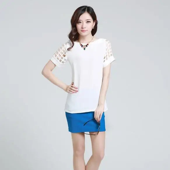 Summer Blouse Sexy Women Ladies Hollow Sleeve Slash Neck Loose Solid Shirts Casual Tops
