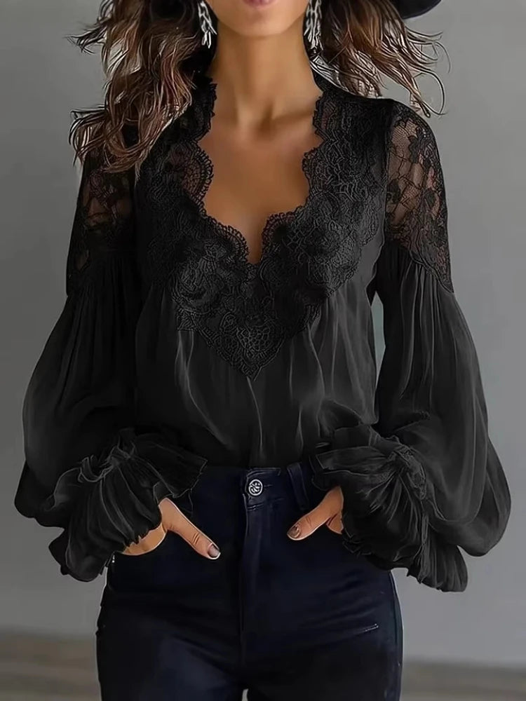 Laceva™  |  Women's Blouse with V-neck and puffed sleeves