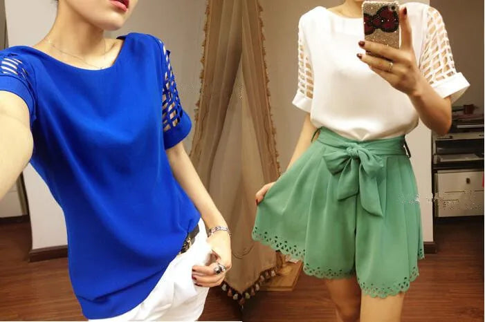 Summer Blouse Sexy Women Ladies Hollow Sleeve Slash Neck Loose Solid Shirts Casual Tops