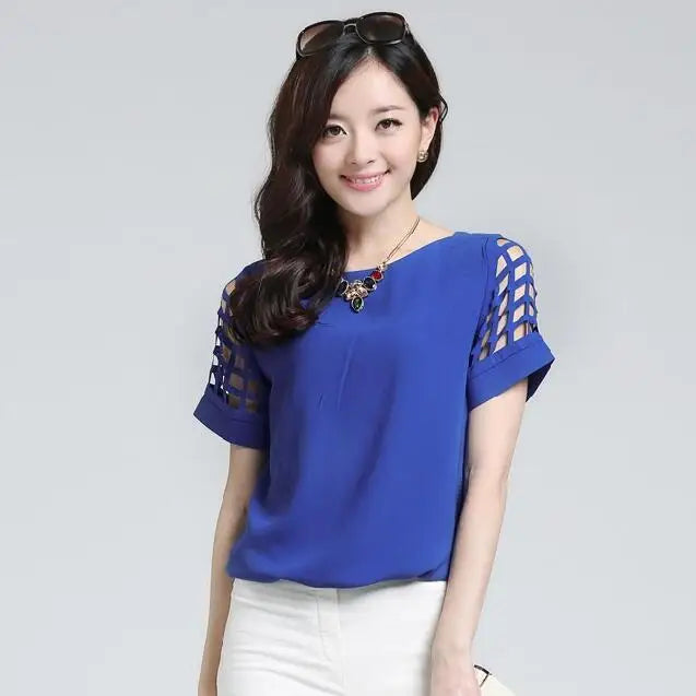 Summer Blouse Sexy Women Ladies Hollow Sleeve Slash Neck Loose Solid Shirts Casual Tops