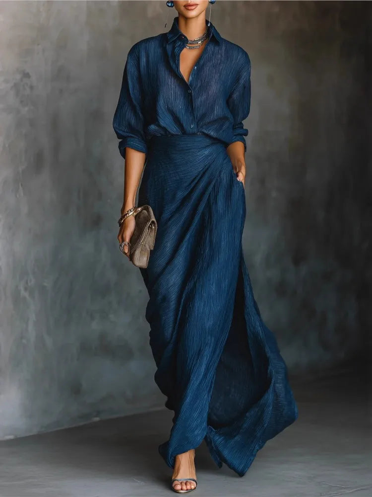 Set di Gonna Lunga e Camicia Elegante in Cotone e Lino di Colore Blu Navy