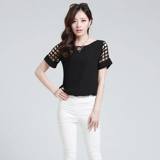 Summer Blouse Sexy Women Ladies Hollow Sleeve Slash Neck Loose Solid Shirts Casual Tops