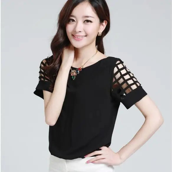 Summer Blouse Sexy Women Ladies Hollow Sleeve Slash Neck Loose Solid Shirts Casual Tops