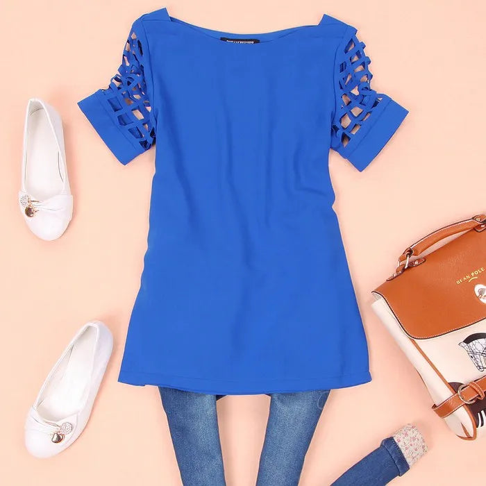Summer Blouse Sexy Women Ladies Hollow Sleeve Slash Neck Loose Solid Shirts Casual Tops